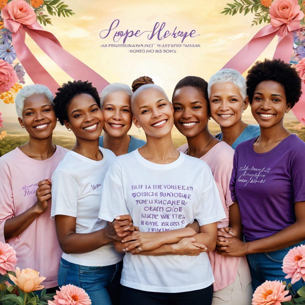 A strong, diverse group of cancer survivors standing together, radiating hope and resilience, surrounded by symbols of support like ribbons, flowers, and encouraging quotes. In the background, a serene landscape with soft, warm colors to evoke comfort and strength. Include elements like hands holding each other to represent solidarity. super-realistic. vibrant colors. uplifting atmosphere.