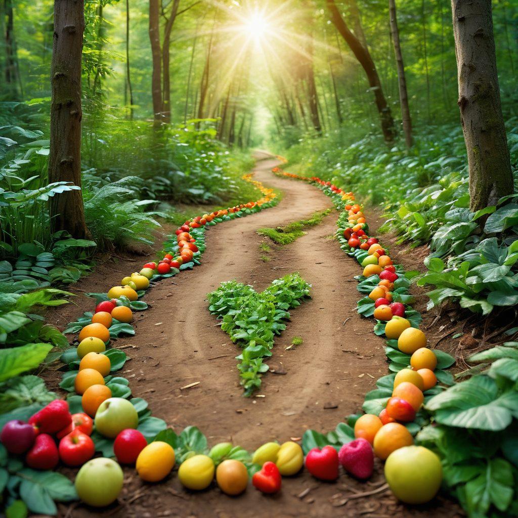 A serene path through a lush green forest symbolizing recovery, with supportive hands reaching out along the sides. Vibrant and colorful fruits, vegetables, and nutritional elements forming the shape of a heart along the trail, representing nourishment for cancer fighters. Soft sunlight filtering through the leaves, creating a warm and hopeful atmosphere. super-realistic. vibrant colors. soft focus.